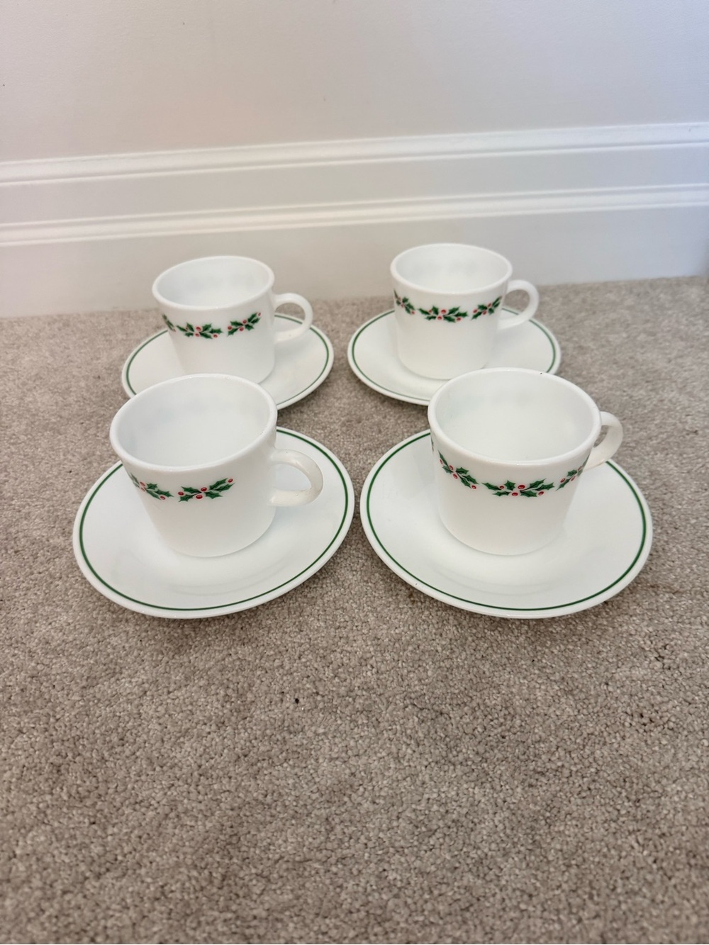 Corelle White Tea Cups and Saucers with Green Trim and Holly Berries